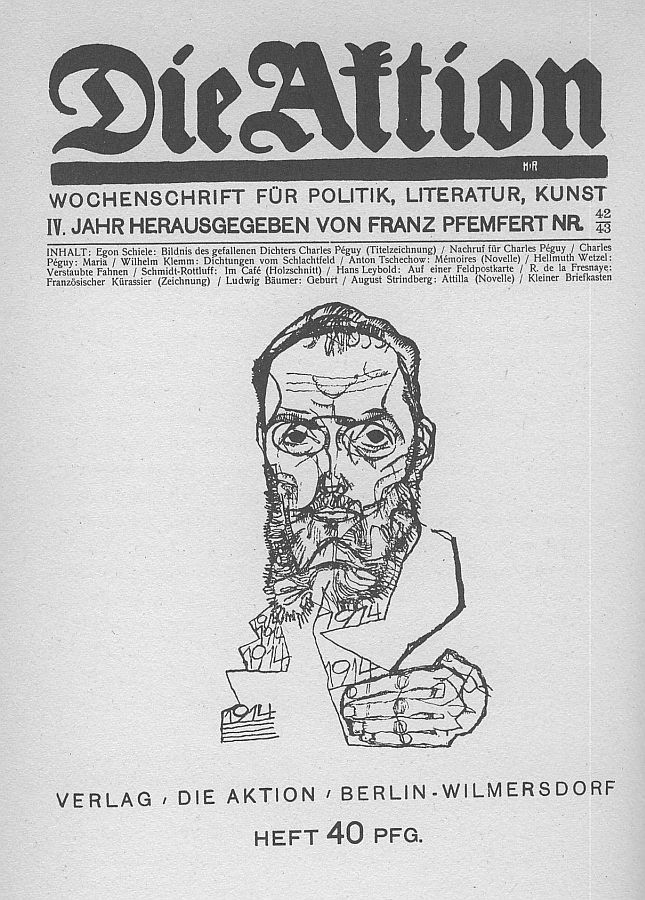 Ausgabe der „Aktion“ von 1914 mit einer Covergestaltung von Egon Schiele im Andenken an den Dichter und Anarcho-Reaktionären Charles Peguy, der kurz vor der ersten Marneschlacht im Ersten Weltkrieg gefallen ist. Foto: Wikimedia