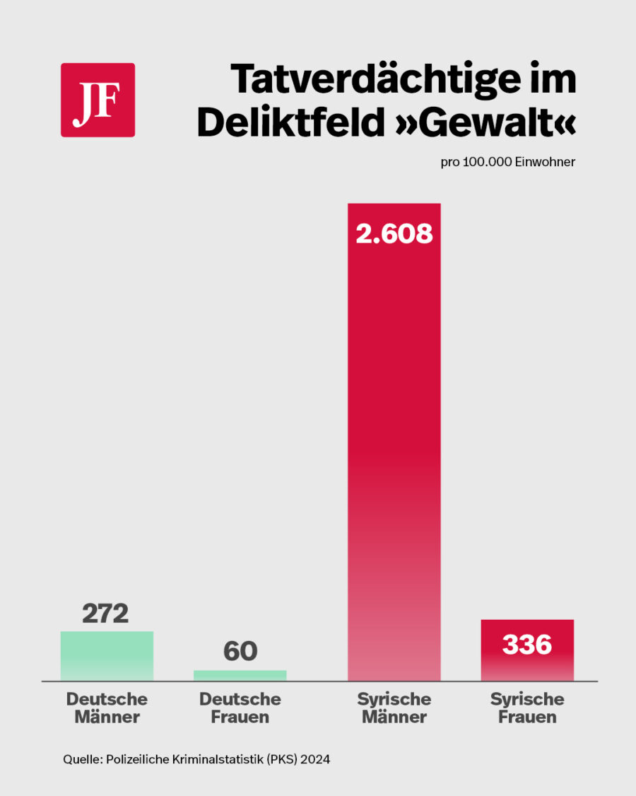 Die Gradfik zeigt, daß syrische Frauen öfter einer Gewalttat verdächtig sind als deutsche Männer.