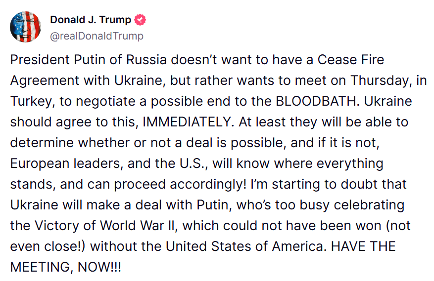 Auf seiner Plattform Truth Social macht US-Präsident Donald Trump Druck. Screenshot: JF
