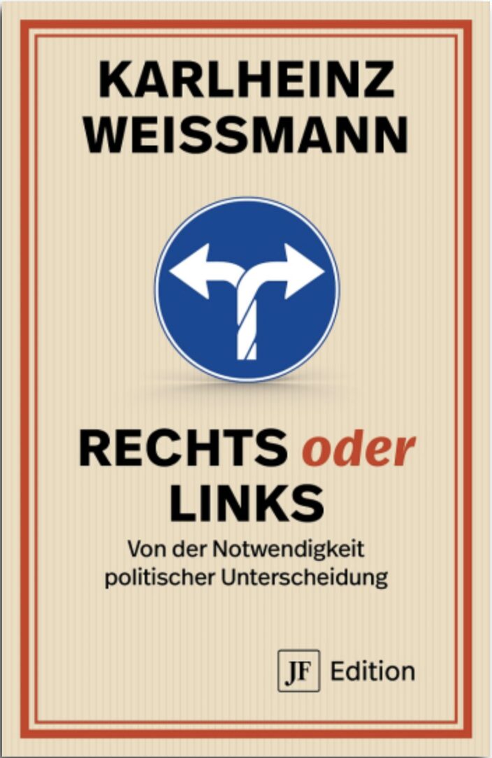 Auf dem Buchcover von Karlheinz Weißmanns "Rechts oder Links" ist ein Straßenschild zu sehen, das in beide Richtungen zeigt