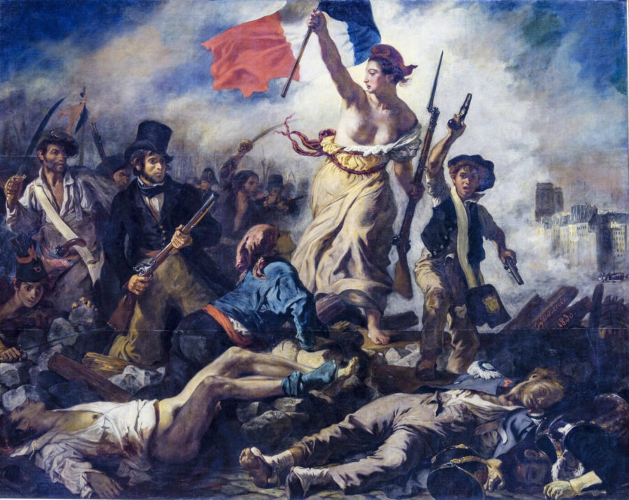 Auf dem Gemälde „Die Freiheit führt das Volk“ von dem französischen Maler Eugène Delacroix, ist eine nackte Frau zu sehen, die mit entblößter Brust eine Fahne schwenkt, daneben läuft ein Junge mit zwei Pistolen