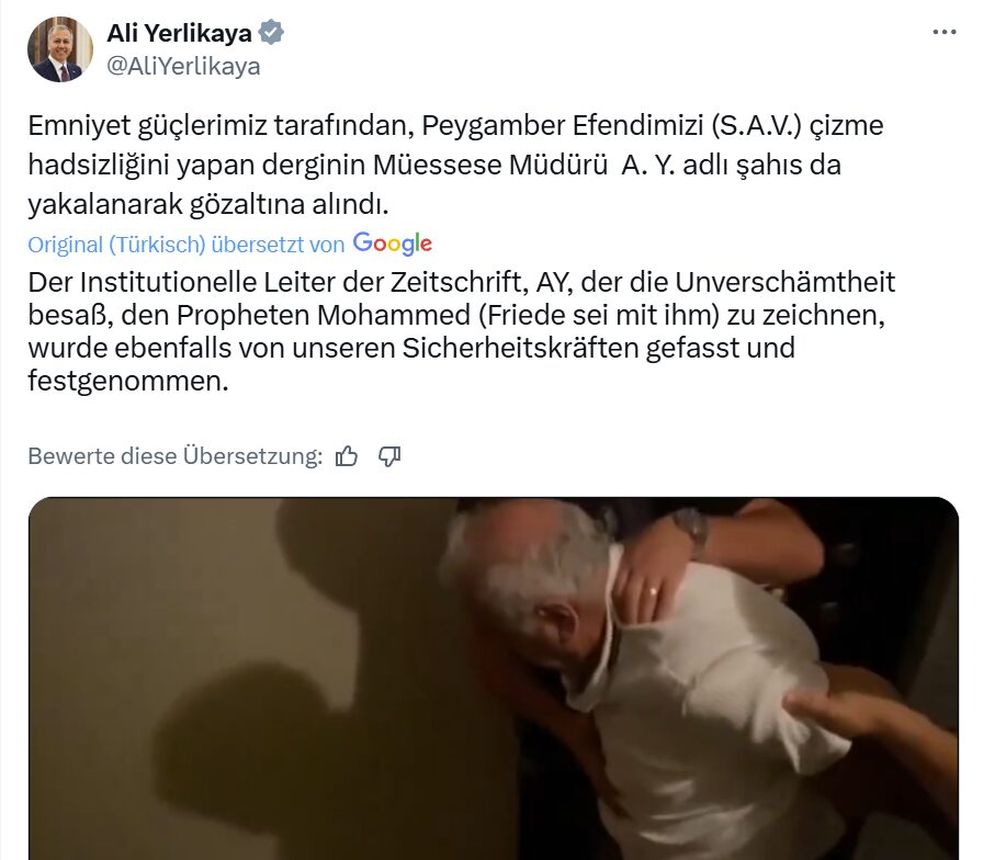 Auf X feiert der türkische Innenminister die Festnahmen. Screenshot: JF
