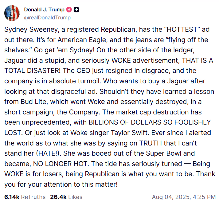 In seinem Beitrag kann sich Trump auch den Seitenhieb auf Taylor Swift nicht zurückhalten. Screenshot: JF