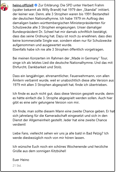 So bezieht Heino im Netz Stellung. Quelle: Instagram @heino.offiziell