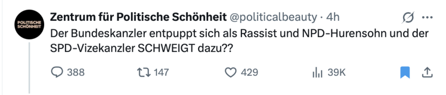 Das Bild zeigt einen inzwischen gelöschten Beitrag des Zentrums für Politische Schönheit.