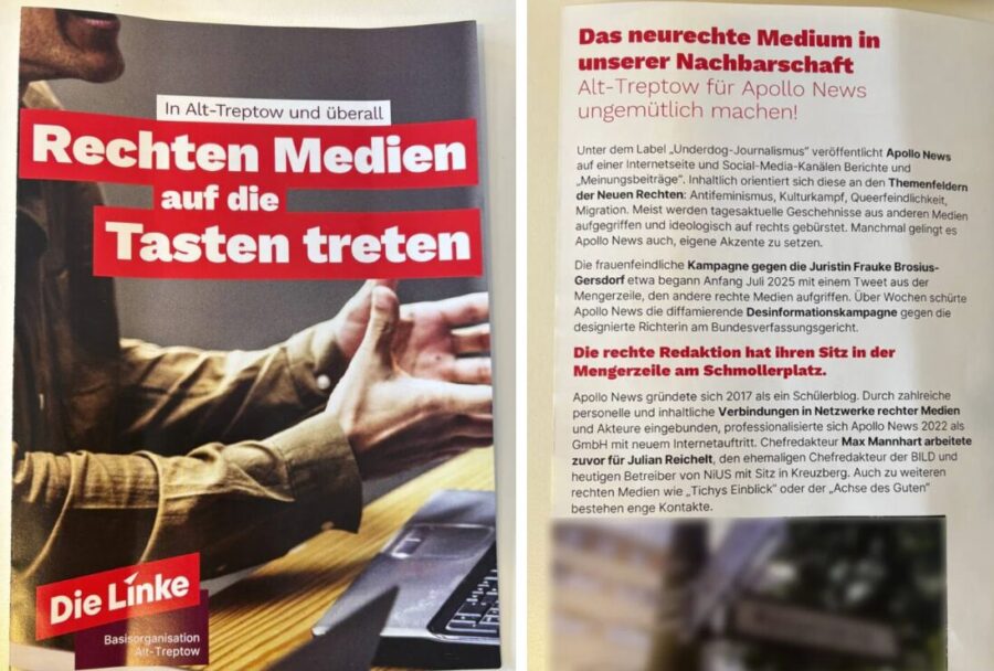 Mit einem Flyer ruft die Linke zu Aktionen gegen die Journalisten von Apollo auf. Quelle: zVg