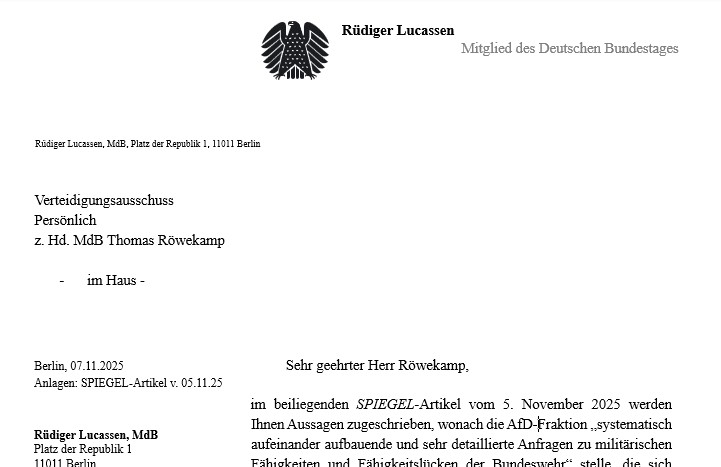 Die Abmahnung des AfD-Politiker Lucassen an den Verteidungsausschuß-Vorsitzenden Röwekamp.