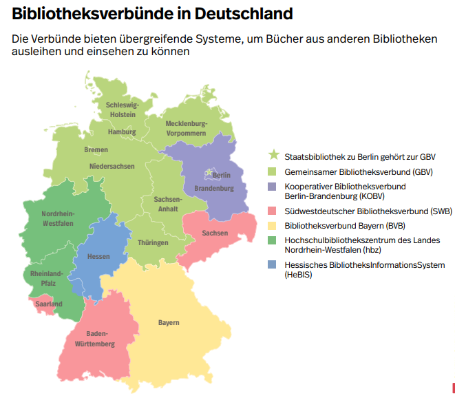 Die Karte zeigt, welche Bibliotheksverbünde in Deutschland in welchen Regionen zuständig sind.