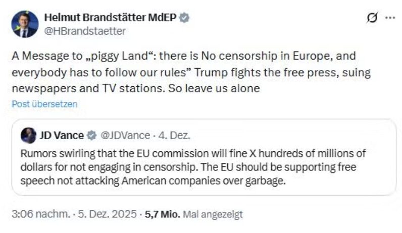 Mit diesem Tweet sorgte der ehemalige Journalist und heutige EU-Abgeordnete Brandstätter für Wirbel. Screenshot: X / JF