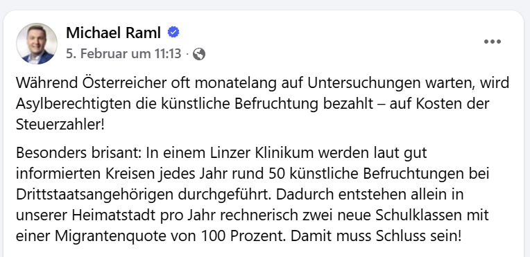 Der Linzer Gesundheitsstadtrat Michael Raml (FPÖ) wettert auf Facebook gegen die Befruchtung von Migranten. Screenshot: JF