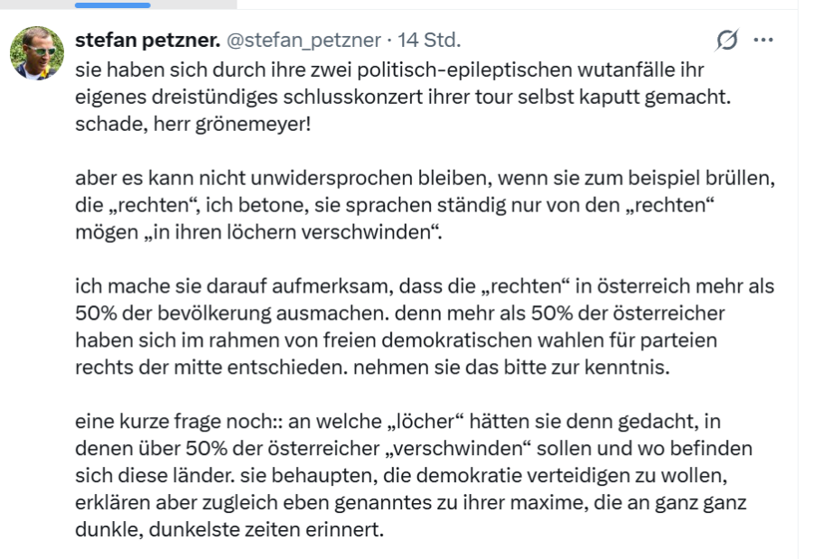 Auf Facebook machte der FPÖ-nahe Politikberater Petzner seinem Ärger über Grönemayer Luft. Screenshot: JF