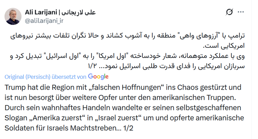 Mit diesem Posting erteilt Larijani der Hoffnung auf neue Verhandlungen eine absage. Screenshot: X