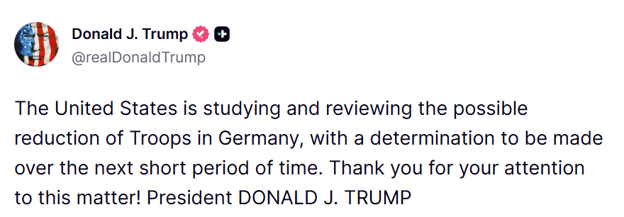 Auf Truth Social kündigt Trump die Überlegungen an. Screenshot: JF