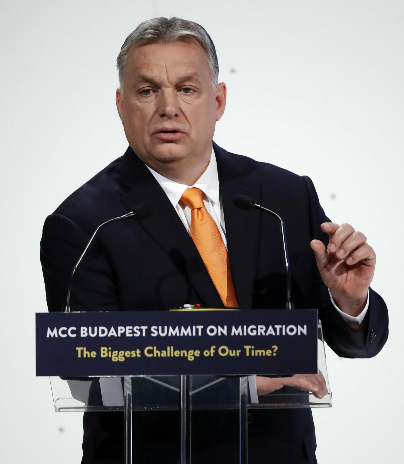 Hungarian Prime Minister Viktor Orban delivers his speech during the MCC Budapest Summit on Migration titled 'The Biggest Challenge of Our Time?' organized by the Mathias Corvinus Collegium (MCC) in Varkert Bazaar in Budapest, Hungary, Saturday, March 23, 2019. Hungary hosts the global migration conference attended by many experts, decision-make...