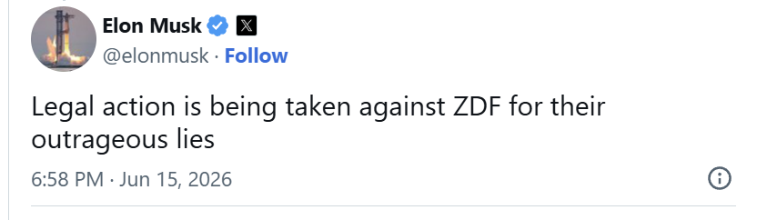 Auf seiner Plattform X kündigt Musk an, gegen das ZDF vorgehen zu werden. Screenshot: JF