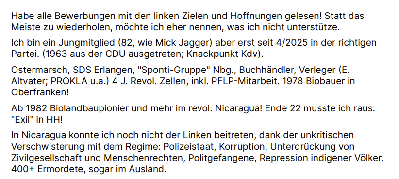 Aus der öffentlichen Bewerbung erfährt man auch, dass Schnepel einst Mitglied der CDU war, aus der er 1963 jedoch ausgetreten sei. Quelle: Landesverband Hamburg/Die Linke Screesnhot: JF
