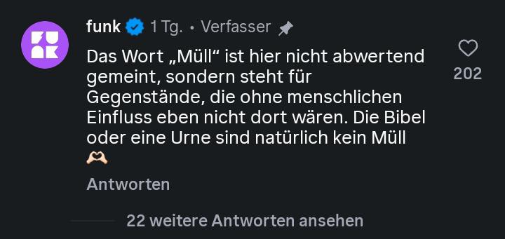 Funk verteidigt in den Kommentaren den „Bibel ist Müll“-Beitrag. Screenshot: JF