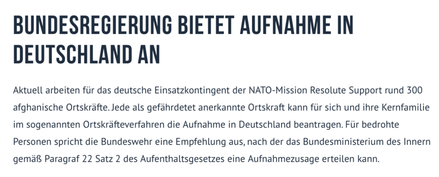 Das Bild zeigt einen Screenshot von der Webseite der Bundeswehr, wo es um die Zahl der Afghanen geht, die als Ortskräfte für Deutschland gearbeitet haben.