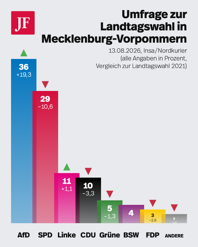 Die Grafik zeigt die Umfragewerte in Mecklenburg-Vorpommern. Das BSW ist bedeutungslos, die AfD führt deutlich.