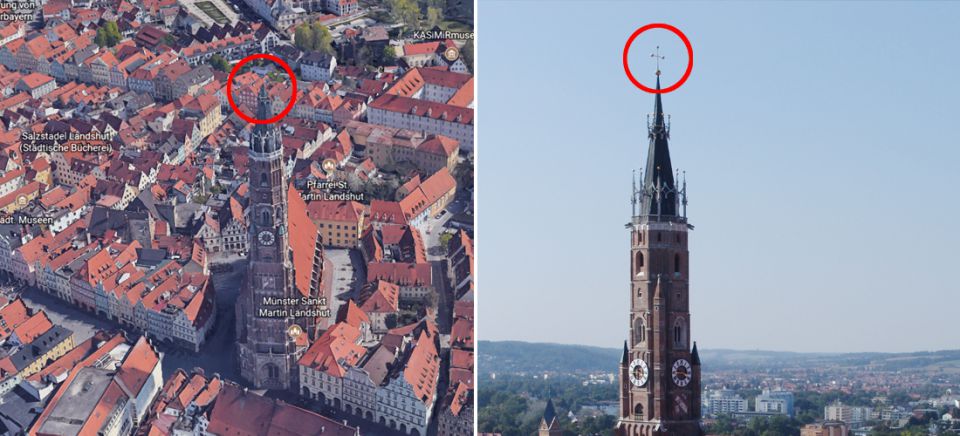 Blick auf die Martinskirche in Landshut / Google Earth