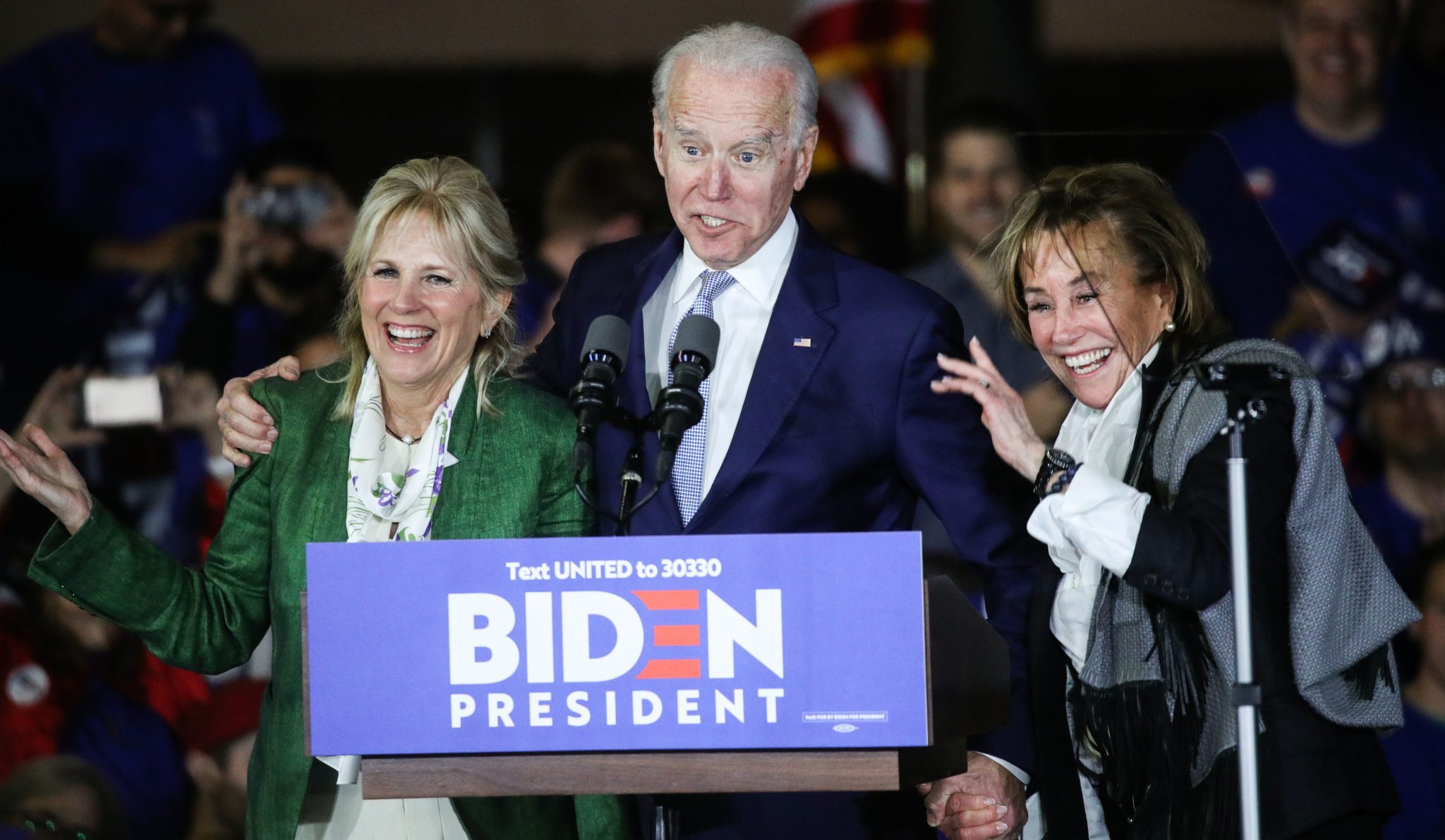 Former Vice President Joe Biden, 2020 Democratic presidential candidate, speaks while his wife Jill...