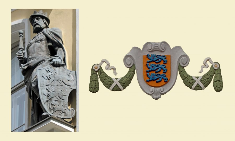 Statue des Heiligen Knut am Haus der St.-Knuts-Gilde, Tallinn, mit dem ursprünglichen Wappen Dänemarks; Relief mit dem Wappen Revals / Tallinns, das aus dem dänischen abgeleitet und 1919 von der Republik Estland als Staatswappen eingeführt wurde Foto: Privat 