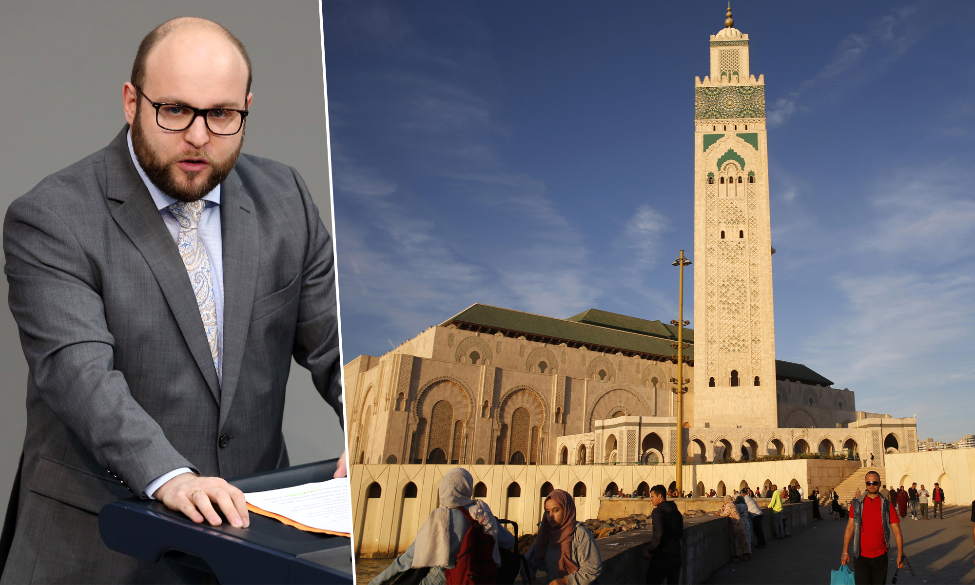 Markus Frohmaier (AfD), Moschee in Casablanca Fotos: picture alliance/Wolfgang Kumm/dpa / Godong / JF-Montage