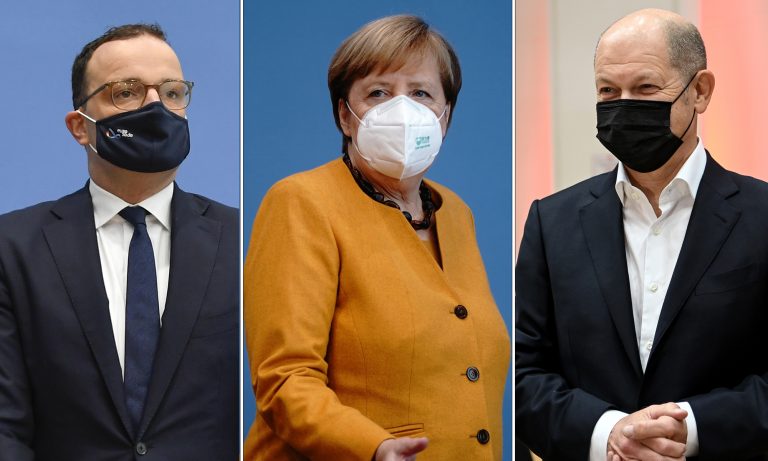 Bundesgesundheitsminister Jens Spahn, Kanzlerin Angela Merkel (beide CDU) und Vizekanzler Olaf Scholz (SPD)