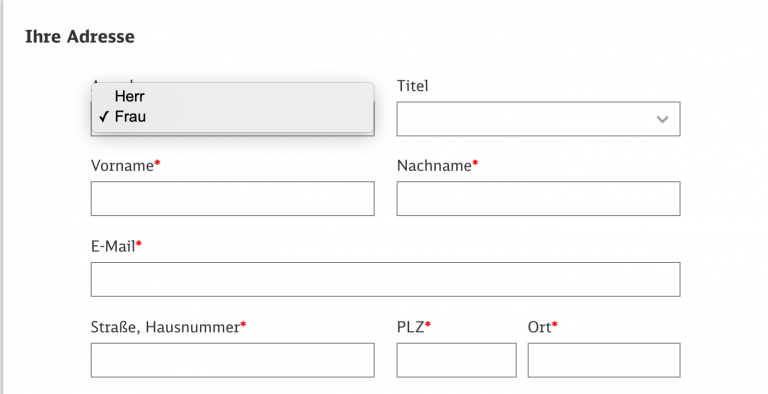 Auswahlmöglichkeiten zur Anrede bei einem Online-Ticket der Deutschen Bahn: Kunden stehen die Optionen Mann und Frau zur Auswahl