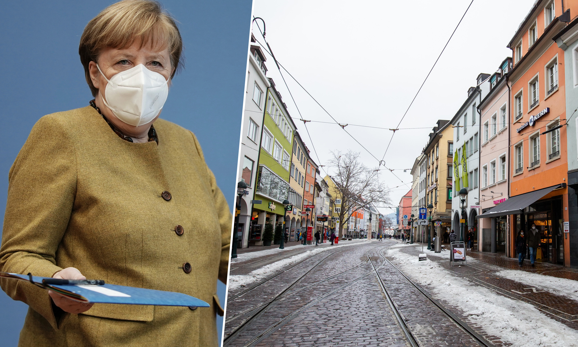 Kanzlerin Angela Merkel (CDU), Freiburger Innenstadt mit geschlossenen Läden