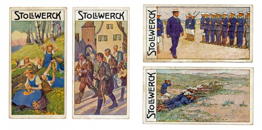 Links zwei Bilder zum Wandervogel, rechts zwei zur Pfadfinderschaft vor dem Ersten Weltkrieg; Sammelbilder um 1910 Foto: Weißmann 
