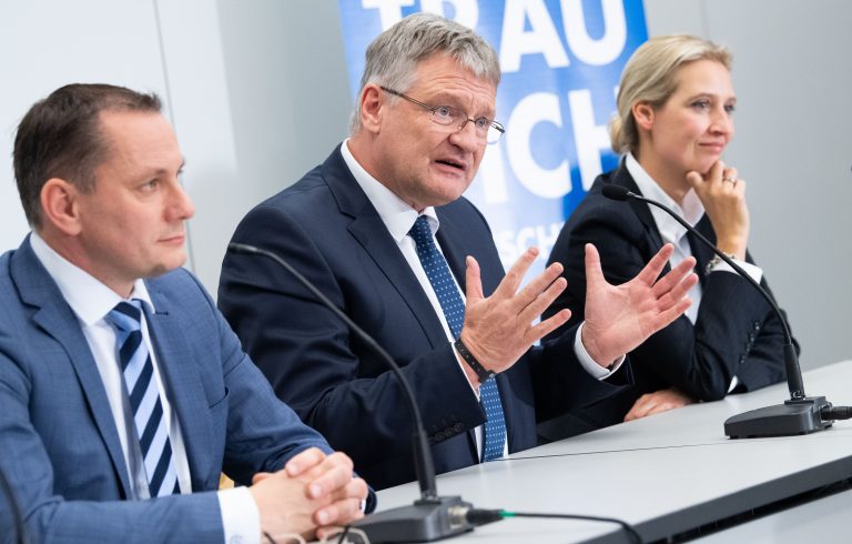 Die Parteichefs Tino Chrupalla (l.) und Jörg Meuthen mit der AfD-Fraktionsvorsitzenden Alice Weidel