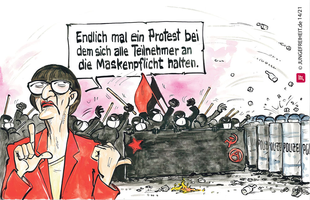 Junge Freiheit 14/21 Wochenzeitung für Debatte Karikatur der Woche