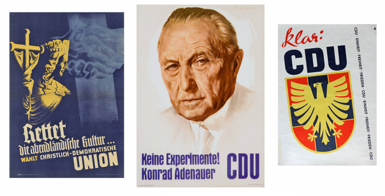 Plakate der CDU zu den Bundestagswahlen von 1949 mit der Ecclesia vom Bamberger Dom, dahinter der Handschlag aus dem Emblem der SED, von 1957 mit dem Slogan „Keine Experimente“ Foto: Wikimedia mit CC BY-SA 3.0 DE
