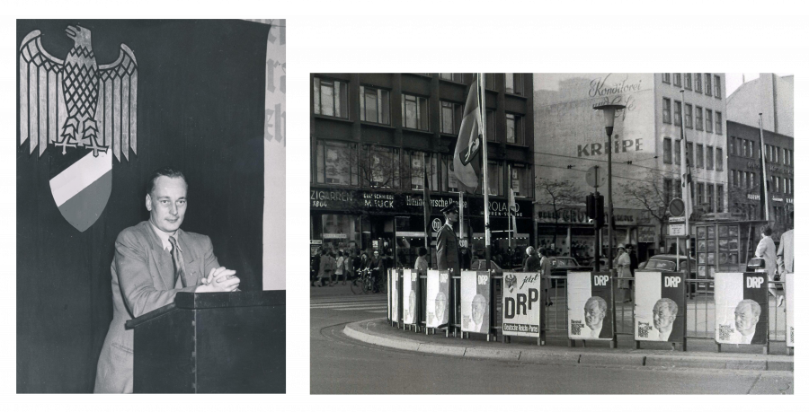 DRP, zivil, links Auftritt Adolf von Thaddens bei einer Parteiveranstaltung Mitte der 1950er Jahre, daneben Werbung in Hannover zur Bundestagswahl 1961 Foto: Archiv des Autors 