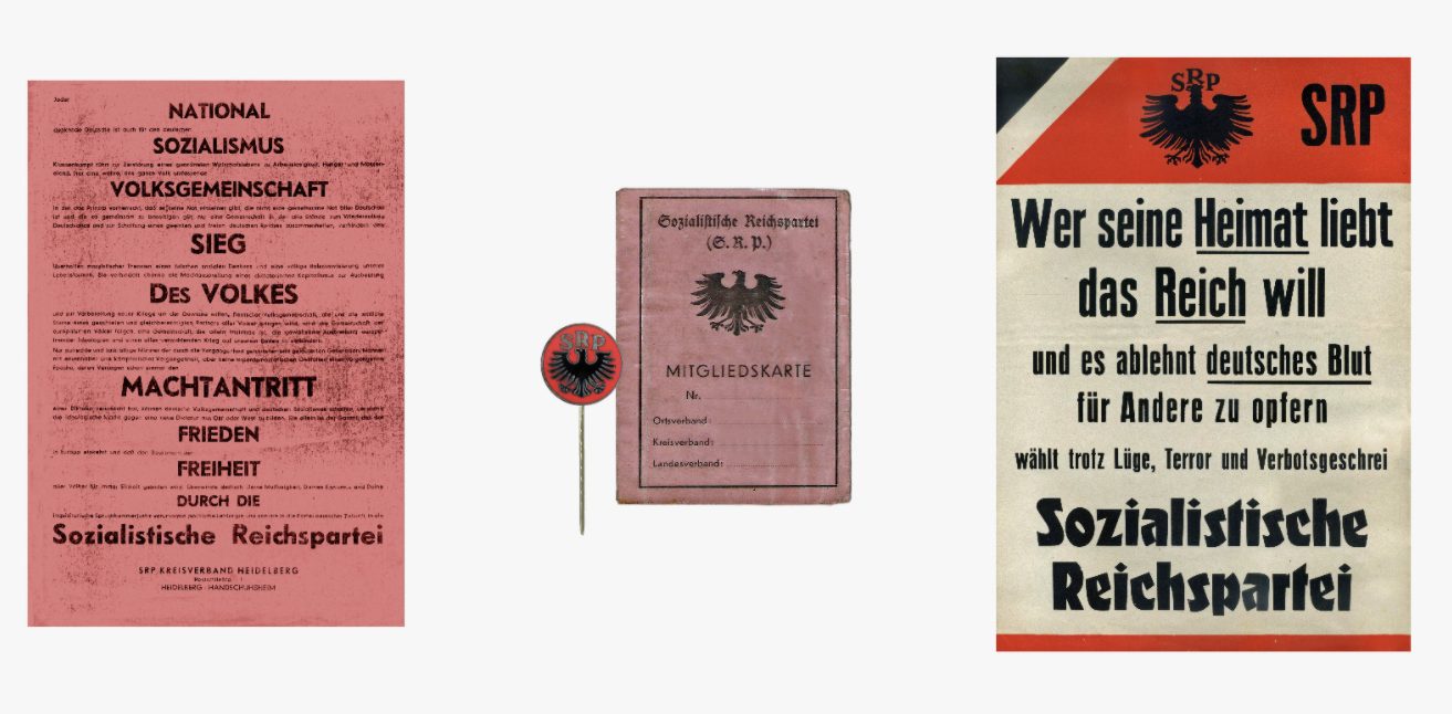 Flugblatt, Abzeichen und Mitgliedskarte sowie Plakat der SRP, zwischen 1950 und 1952 Foto: Archiv des Autors