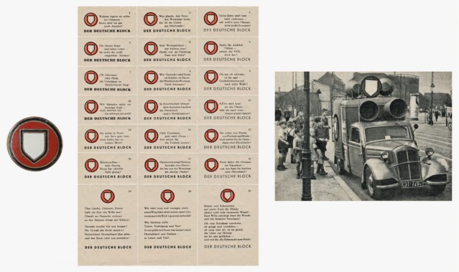 Abzeichen, Block mit Propagandamarken und Aufnahme eines Lautsprecherwagens des Deutschen Blocks, erste Hälfte der 1950er Jahre Foto: Archiv des Autors 