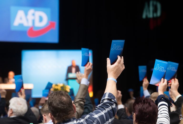 Delegierte stimmen beim Bundesparteitag der AfD in Dresden mit Ja ab