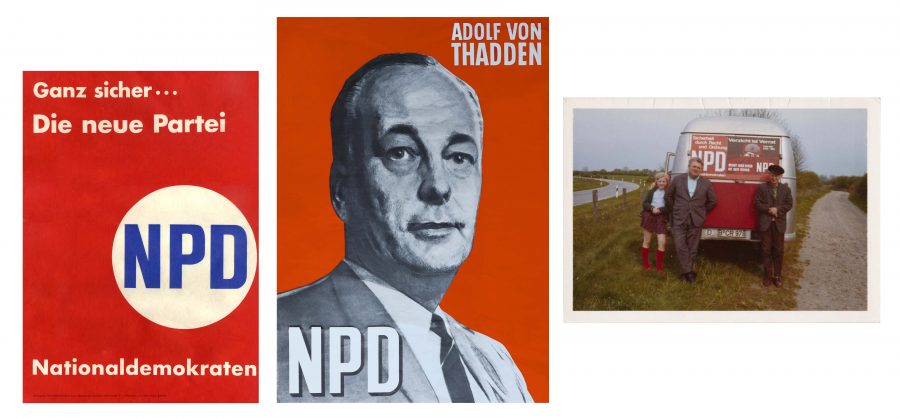 Plakate der NPD für die Bundestagswahlen 1965 und 1969, daneben Privatfahrzeug mit Werbung für die NPD, 1969 Foto: Archiv des Autors 