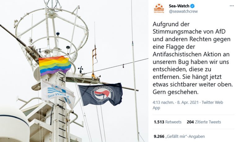 Am Mast des Flüchtlingsschiffs "Sea-Watch 4" weht die "Antifa"-Flagge Foto: Twitter-Screenshot JF