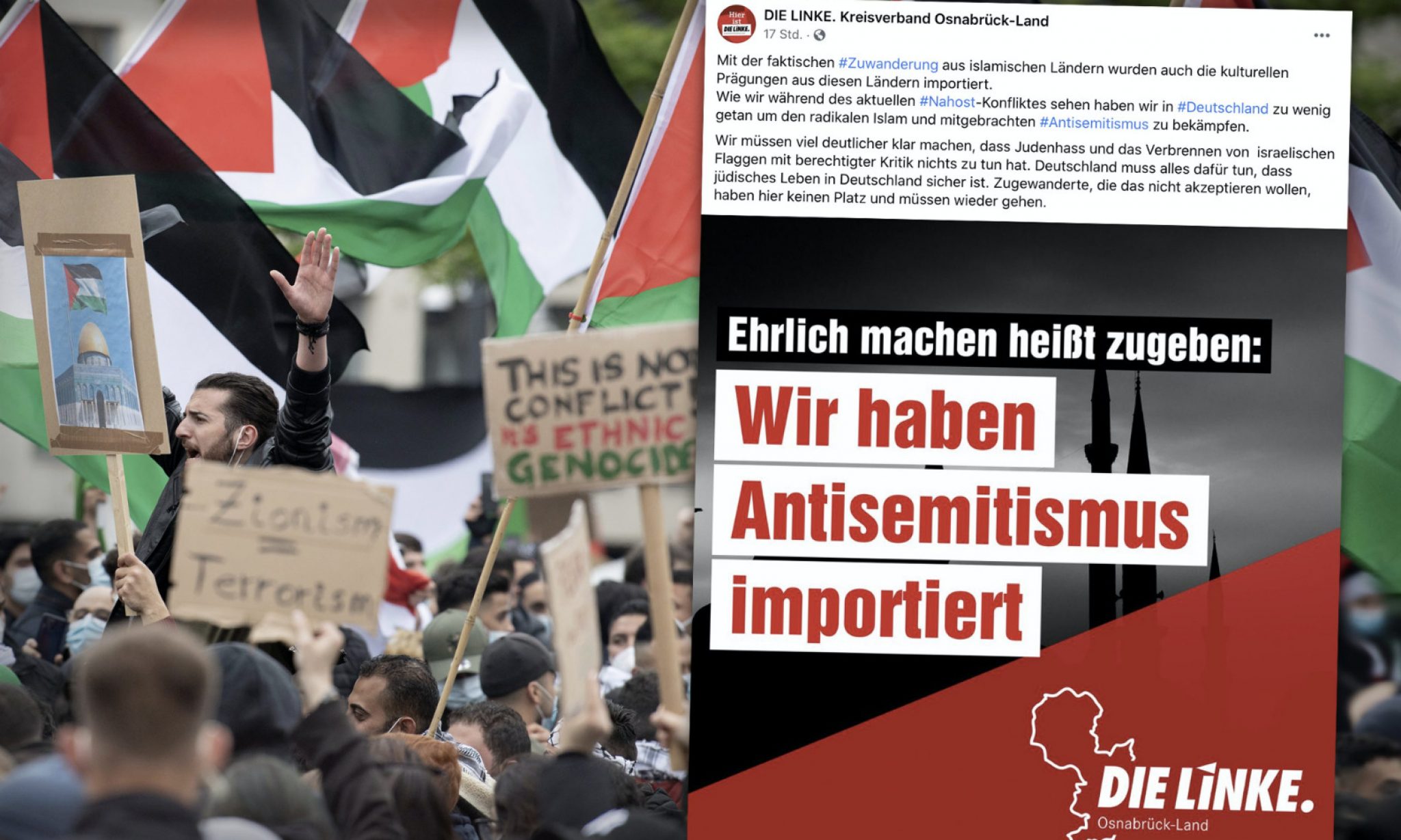 Der Linkspartei-Kreisverband Osnabrück-Land plädiert für eine ehrliche Diskussion über moslemischen Antisemitismus Foto: Fotos: picture alliance/dpa | Boris Roessler / Facebook-Screenshot / JF-Montage