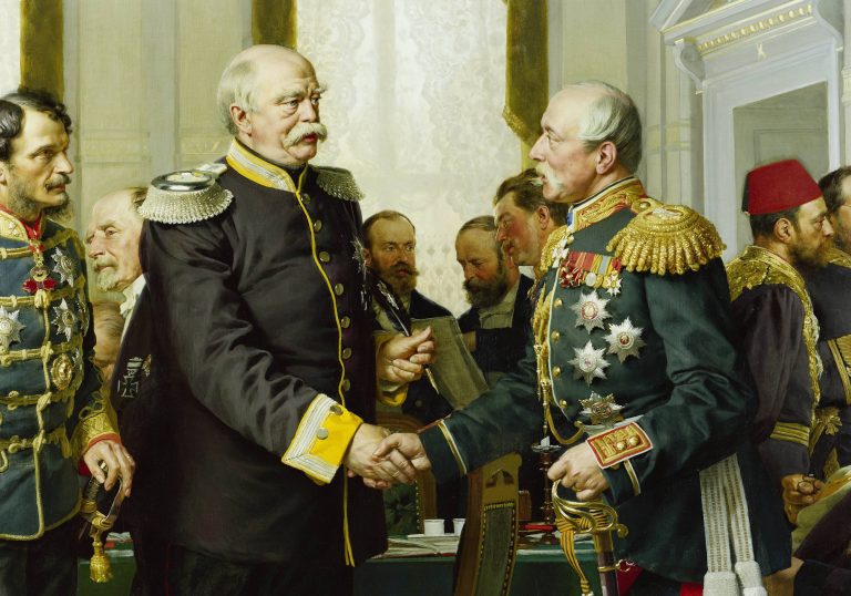 Anton von Werner, „Otto von Bismarck beglückwünscht den russischen Bevollmächtigten Graf Peter Schuwalow“, aus „Der Kongreß zu Berlin“: Dreikaiservertrag hielt nur vier Jahre