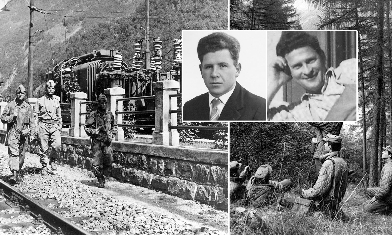 Die in Haft und nach Folterungen verstorbenen Widerstandskämpfer Franz Höfler (l.o.) und Anton Gostner (r.o.), im Hintergrund Soldaten und Carabinieri in Südtirol