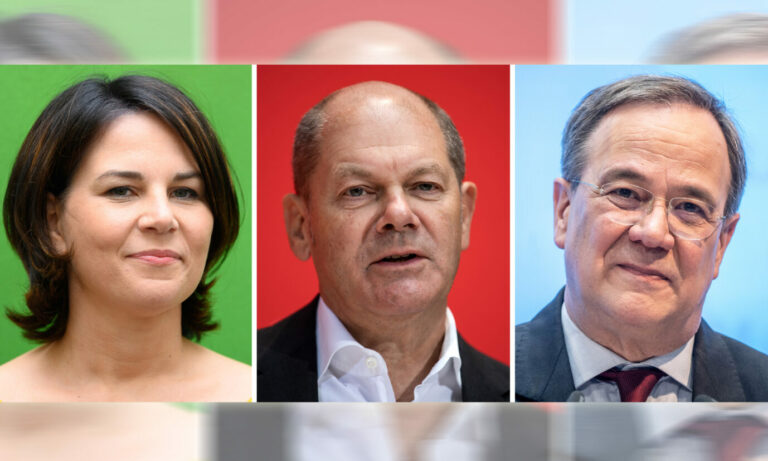 Kanzlerkandidaten Annalena Baerbock (Grüne), Olaf Scholz (SPD, m.) und Armin Laschet (CDU, r.)