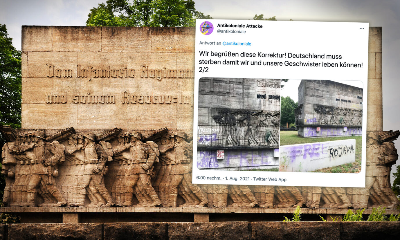 Das Hamburger Kriegerdenkmal wurde beschmiert; auf Twitter freut sich die "Antikoloniale Attacke" darüber Fotos: picture alliance / imageBROKER | Helmut Meyer zur Capellen / Twitter-Screenshot / JF-Montage