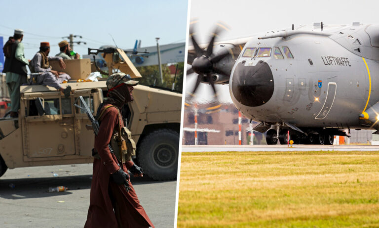 Taliban vor dem Flughafen in Kabul, Airbus A400M der Luftwaffe hebt auf dem Fliegerhorst Wunstorf nahe Hannover ab