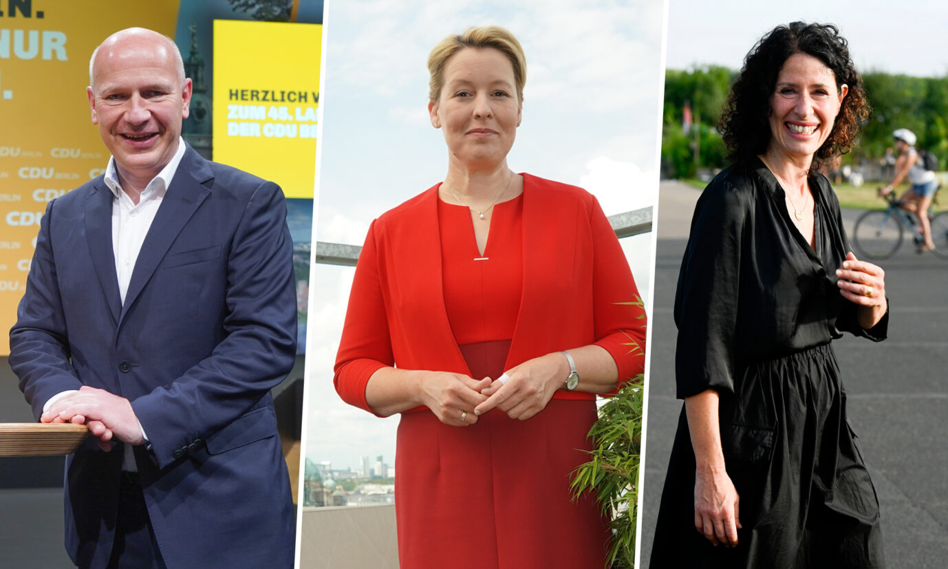 Die Spitzenkandidaten für die Berliner Abgeordnetenhauswahl Kai Wegner (CDU), Franziska Giffey (SPD) und Bettina Jarrasch (Grüne)