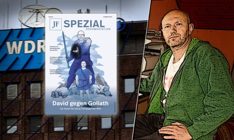 Gebührenverweigerer Georg Thiel (r.), JF-Broschüre „David gegen Goliath“