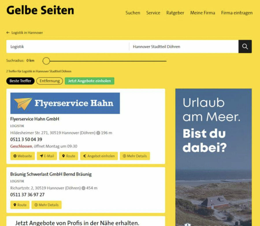 Der angebliche "Flyerservice Hahn" war auch in den Gelben Seiten vertreten Foto: Screenshot / AfD 