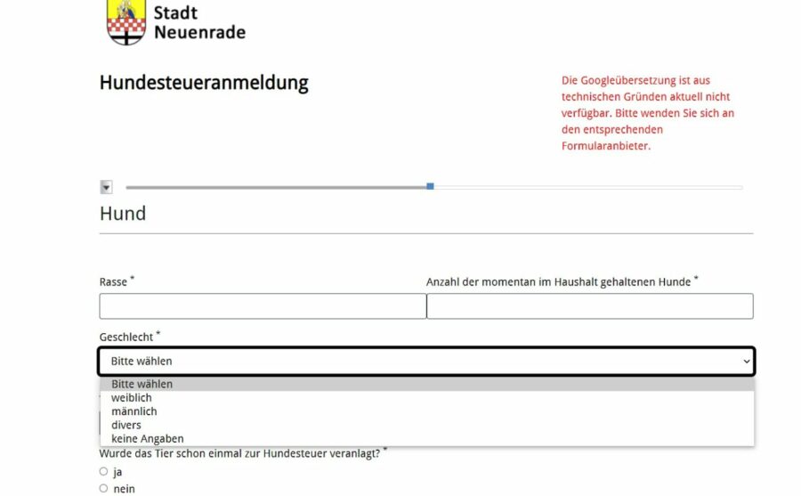 Mittlerweile wurde die Option "divers" aus dem Formular gestrichen Foto: Homepage Stadt Neuenrade / Screenshot JF 